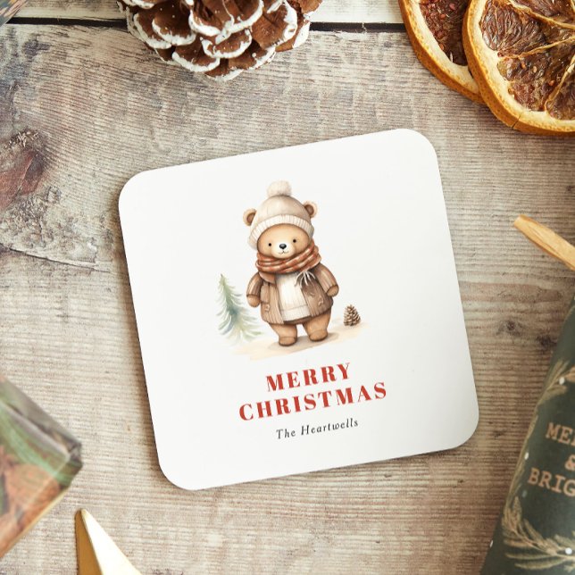 Dessous De Verre Carré Aquarelle mignonne Ours Joyeux Noël (Créateur téléchargé)