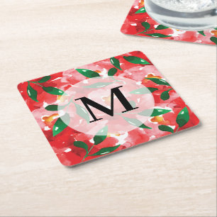 Dessous De Verre Carré Aquarelle Monogramme floral rouge