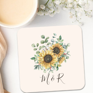Dessous De Verre Carré Aquarelle monogramme Vintage Tournesol rustique