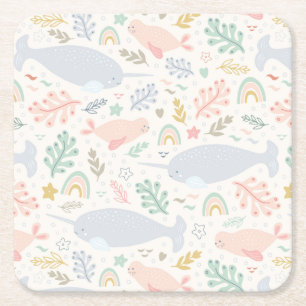 Dessous De Verre Carré Aquarelle Narwhal et Motif de phoque