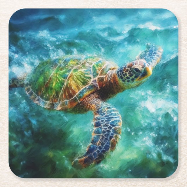 Dessous De Verre Carré Aquarelle Natation Tortue de mer (Devant)