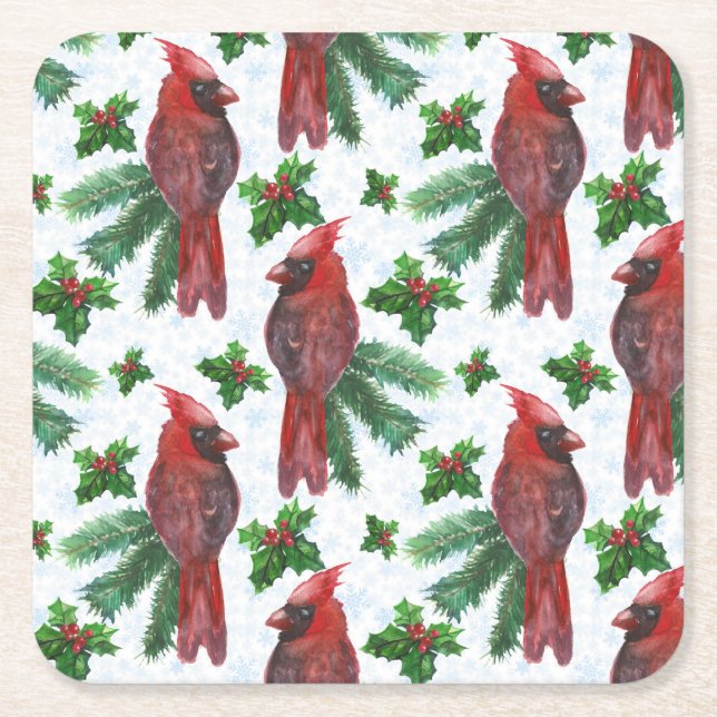 Dessous De Verre Carré aquarelle Oiseau cardinal rouge (Devant)