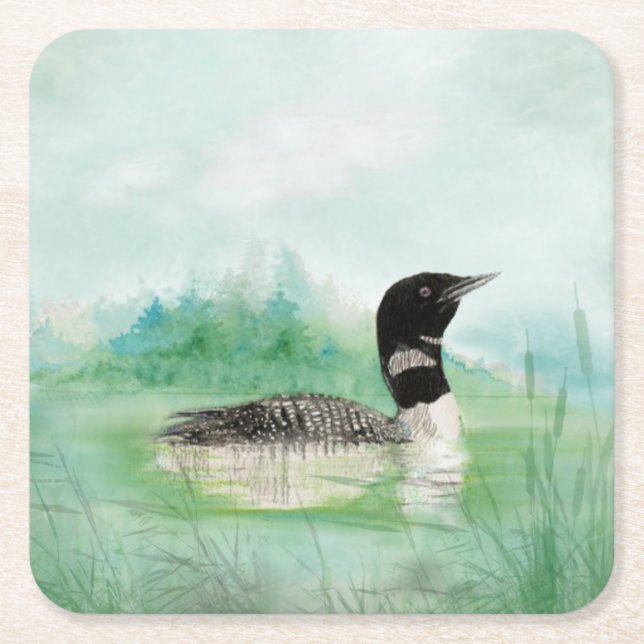 Dessous De Verre Carré Aquarelle Oiseau commun Loon Nature Art (Devant)