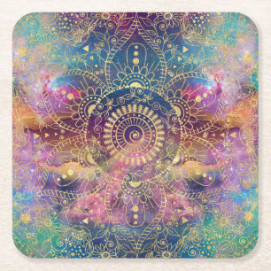 Dessous De Verre Carré Aquarelle or et nébuleuse mandala