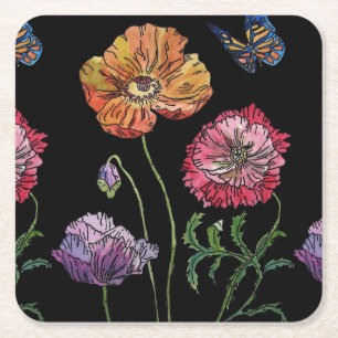 Dessous De Verre Carré Aquarelle Orange Black Poppy Floral 