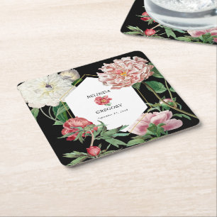 Dessous De Verre Carré Aquarelle Peonies rose Fleurs Mariage Noir