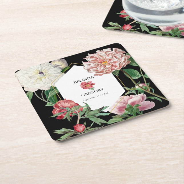 Dessous De Verre Carré Aquarelle Peonies rose Fleurs Mariage Noir (Incliné)