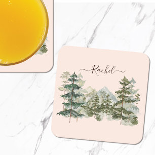 Dessous De Verre Carré Aquarelle Pine Forêt et montagne Rustique