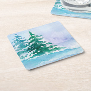 Dessous De Verre Carré Aquarelle Pins d'hiver réutilisables