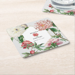 Dessous De Verre Carré Aquarelle rose blanc pivoines Mariage