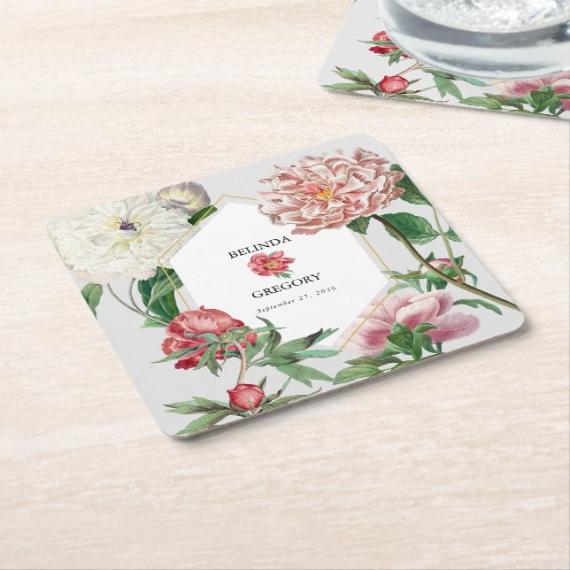 Dessous De Verre Carré Aquarelle rose blanc pivoines Mariage (Incliné)