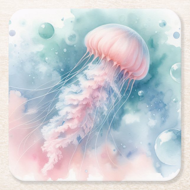Dessous De Verre Carré Aquarelle rose délicate méduse (Devant)