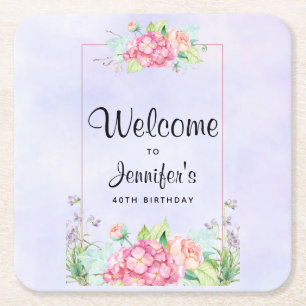 Dessous De Verre Carré Aquarelle rose moderne Cadre Floral Anniversaire