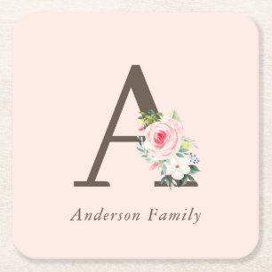 Dessous De Verre Carré Aquarelle rose Monogramme floral