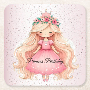 Dessous De Verre Carré Aquarelle rose princesse Anniversaire