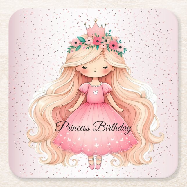 Dessous De Verre Carré Aquarelle rose princesse Anniversaire (Devant)