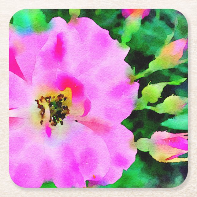 Dessous De Verre Carré Aquarelle rose violet des Roses d'été (Devant)