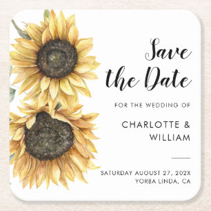 Dessous De Verre Carré Aquarelle Sunflower Script Wedding Enregistrer la 