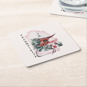 Dessous De Verre Carré Aquarelle Temple japonais Sakura Blossom