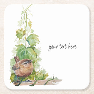 Dessous De Verre Carré Aquarelle Troglodyte Oiseau Vignoble Raisins Feuil