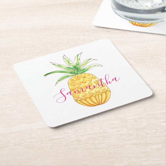 Dessous De Verre Carré Aquarelle tropicale ananas Nom Monogramme (Incliné)