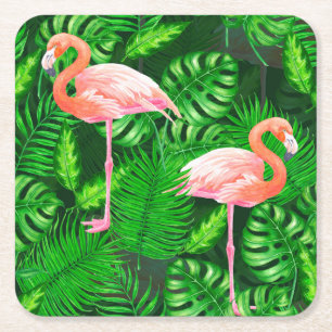 Dessous De Verre Carré Aquarelle tropicale Flamant rose
