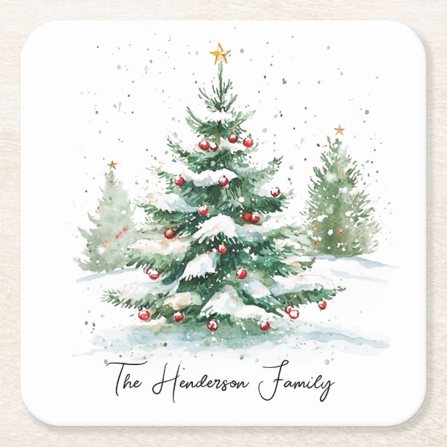 Dessous De Verre Carré Arbre de Noël à l'aquarelle de script simple (Devant)
