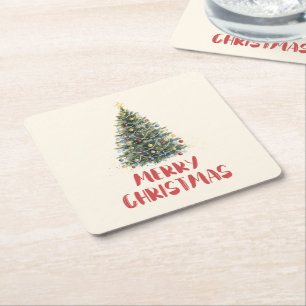Dessous De Verre Carré Arbre de Noël à l'aquarelle rustique Noël Fêtes de