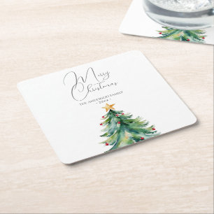 Dessous De Verre Carré Arbre de Noël en aquarelle simple Joyeux Noël