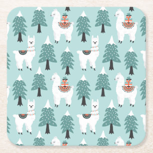 Dessous De Verre Carré Arbre de Noël et motif de lama mignonne