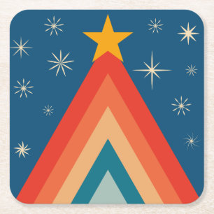 Dessous De Verre Carré Arbre de Noël Super minimaliste rouge et bleu rétr