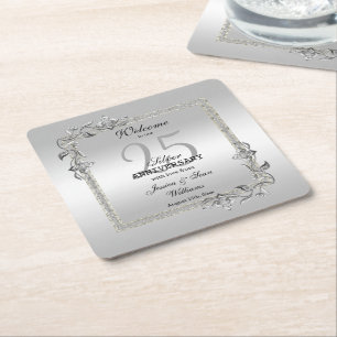 Dessous De Verre Carré Argent Gem & Parties scintillant 25e anniversaire 