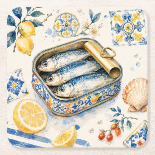 Dessous De Verre Carré Art d'aquarelle de sardine sicilienne