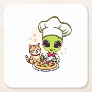 Dessous De Verre Carré Art de dessin animé de chat et de chef pizza extra