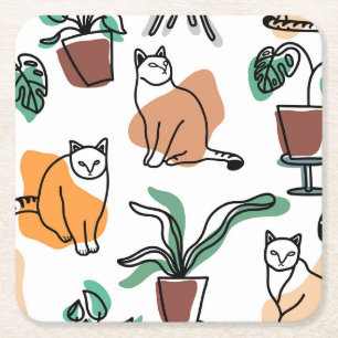Dessous De Verre Carré Art de trait dessin chats et fleurs