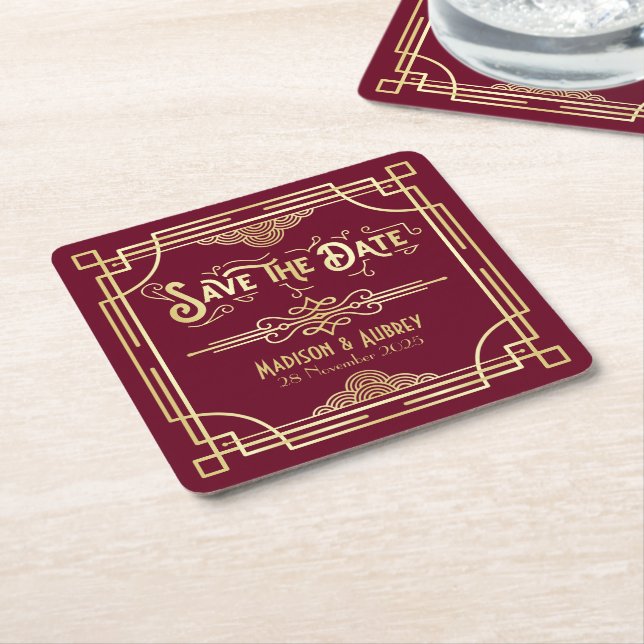 Dessous De Verre Carré Art Déco Mariage Gold Bourgogne Enregistrer la dat (Incliné)