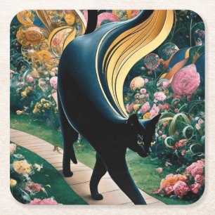 Dessous De Verre Carré Art décoratif doré de chat noir dans le style Gust