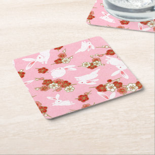 Dessous De Verre Carré Art japonais : Sakuras et lapins roses