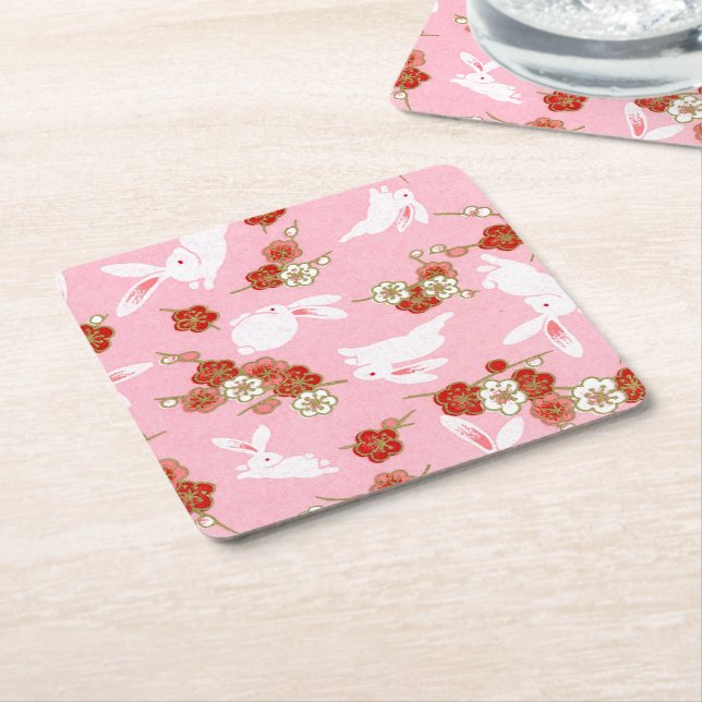 Dessous De Verre Carré Art japonais : Sakuras et lapins roses (Incliné)