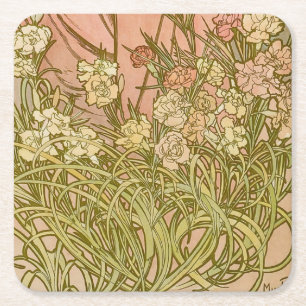 Dessous De Verre Carré Art Nouveau Alfonse Mucha fleurs d'oeillets floral