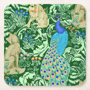 Dessous De Verre Carré Art Nouveau Peacock Print, Cobalt Blue & Green