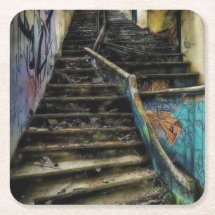 Dessous De Verre Carré Art urbain sur escalier bâtiment abandonné