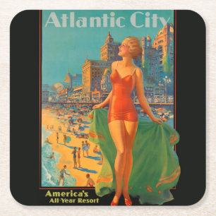 Dessous De Verre Carré Atlantic City Beach Beauté Vintage Art