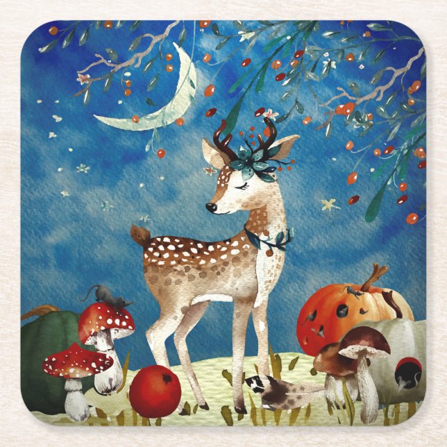 Dessous De Verre Carré Automne Woodland Friends Deer Forest Illustration (Devant)