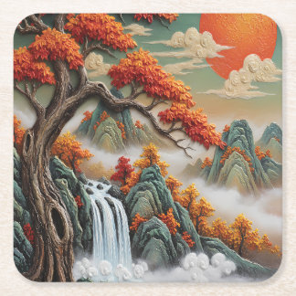 Dessous De Verre Carré Autumn Mountain Landscape with Waterfall