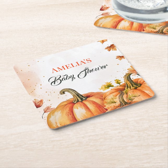 Dessous De Verre Carré Autumn Pumpkin Baby Shower Watercolor (Incliné)