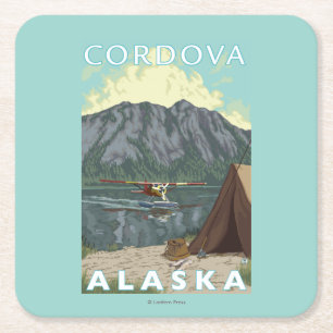 Dessous De Verre Carré Avion de Bush et pêche - Cordova, Alaska
