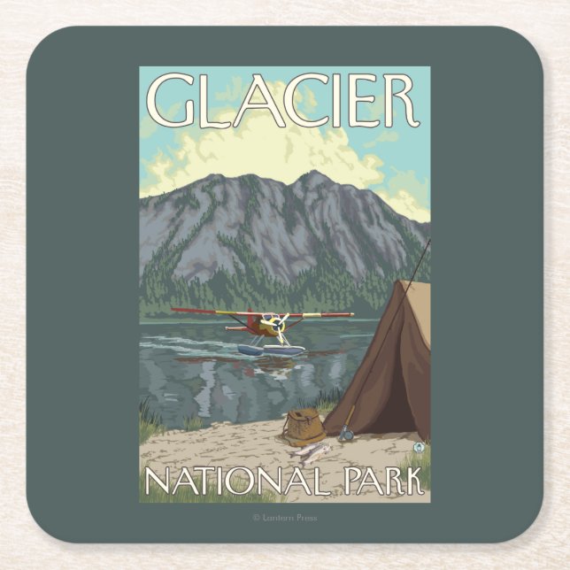Dessous De Verre Carré Avion de Bush et pêche - parc national de glacier, (Devant)