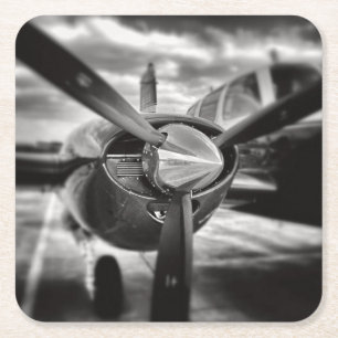 Dessous De Verre Carré Avion propulseur noir et blanc