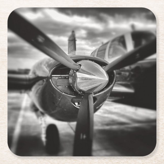 Dessous De Verre Carré Avion propulseur noir et blanc (Devant)